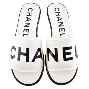 Chanel 24C White Black CHA NEL Letter Logo Mule Slide Block Heel Sandal 38.5
